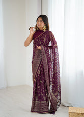 wine Color georgette  Saree With Sequence Work